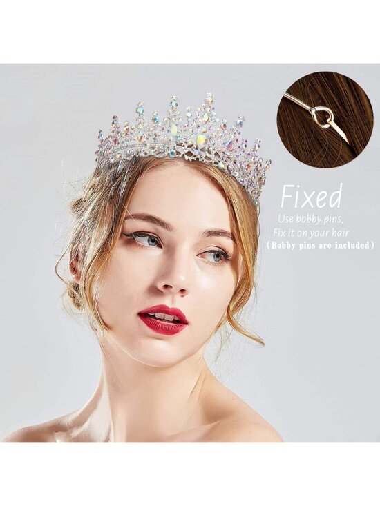 Women\'s AB Silver Crystal Queen Crown Tiara Wedding Prom Princess Headpiece